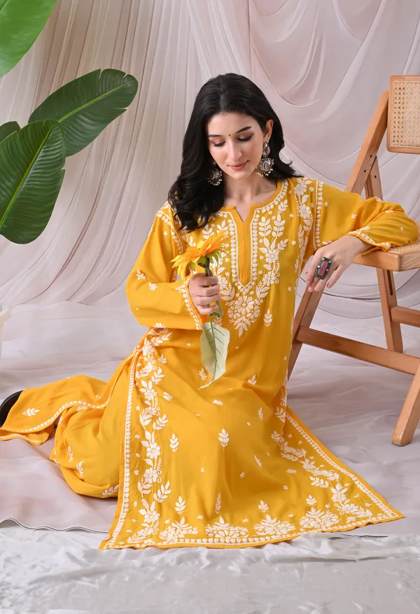 Syrish_Lucknowi_Chikankari_Rayon_Kurta_Palazzo_Set_with_Floral_Embroidery_Mango_Yellow
