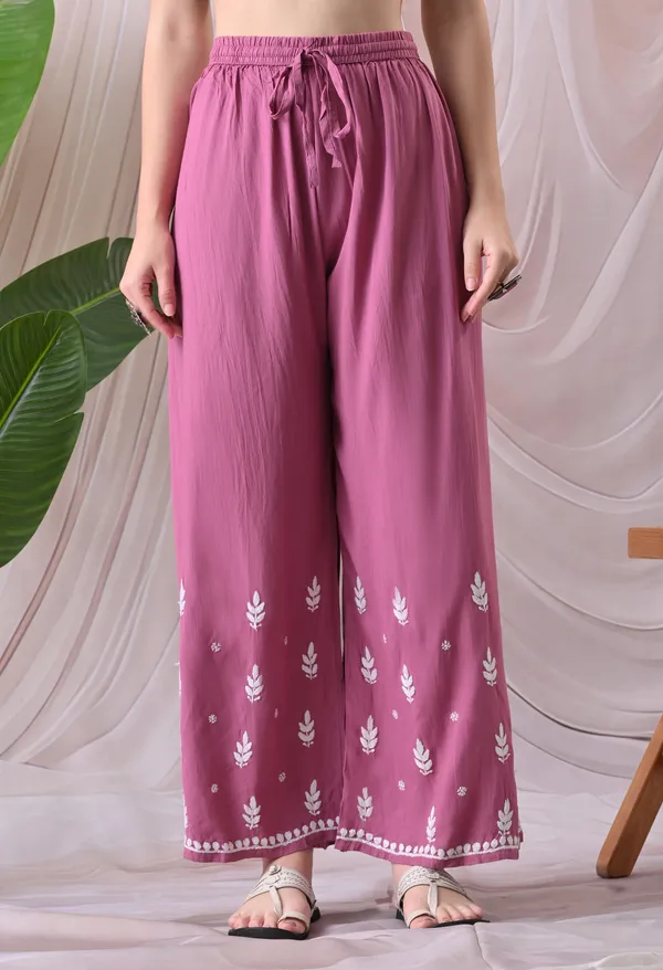 Syrish_Lucknowi_Chikankari_Rayon_Kurta_Palazzo_Set_with_Floral_Embroidery_Onion_Pink