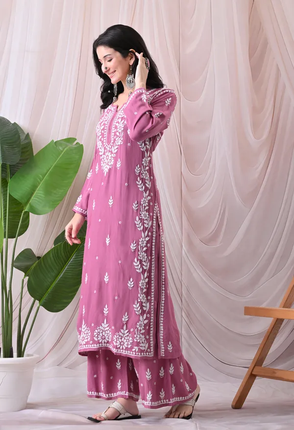 Syrish_Lucknowi_Chikankari_Rayon_Kurta_Palazzo_Set_with_Floral_Embroidery_Onion_Pink