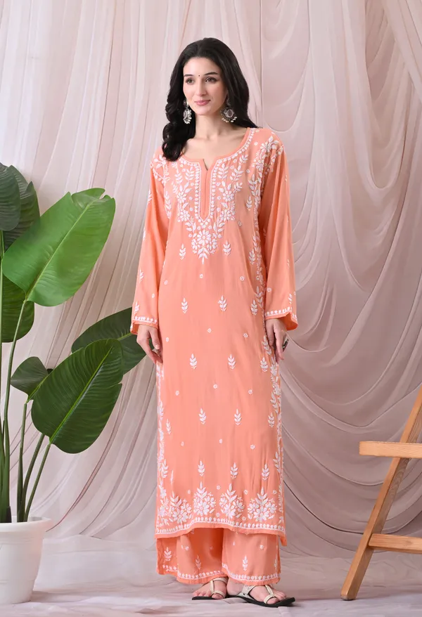 Syrish_Lucknowi_Chikankari_Rayon_Kurta_Palazzo_Set_with_Floral_Embroidery_Peach