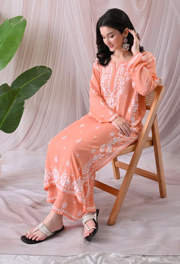 Syrish_Lucknowi_Chikankari_Rayon_Kurta_Palazzo_Set_with_Floral_Embroidery_Peach
