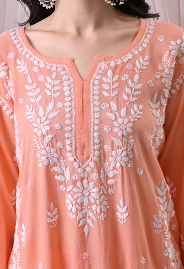 Syrish_Lucknowi_Chikankari_Rayon_Kurta_Palazzo_Set_with_Floral_Embroidery_Peach