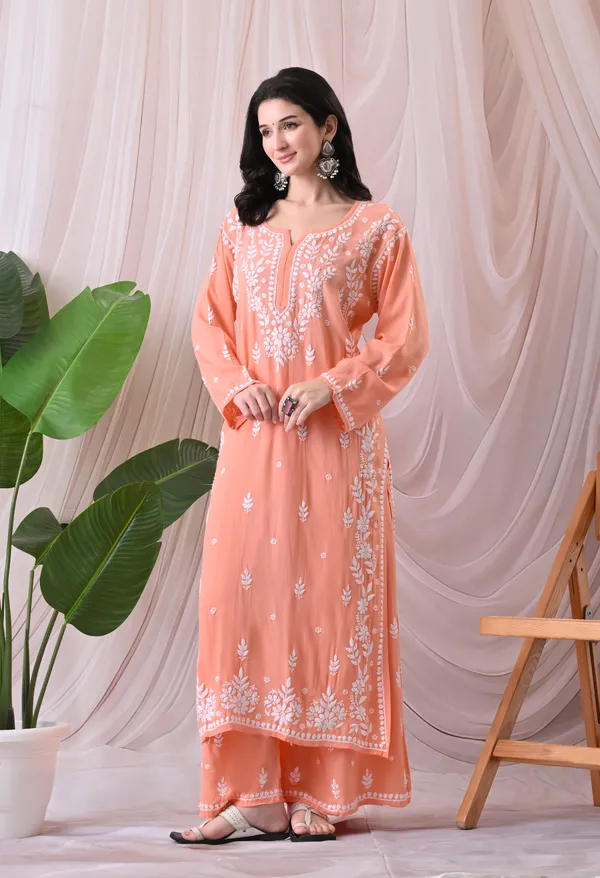 Syrish_Lucknowi_Chikankari_Rayon_Kurta_Palazzo_Set_with_Floral_Embroidery_Peach