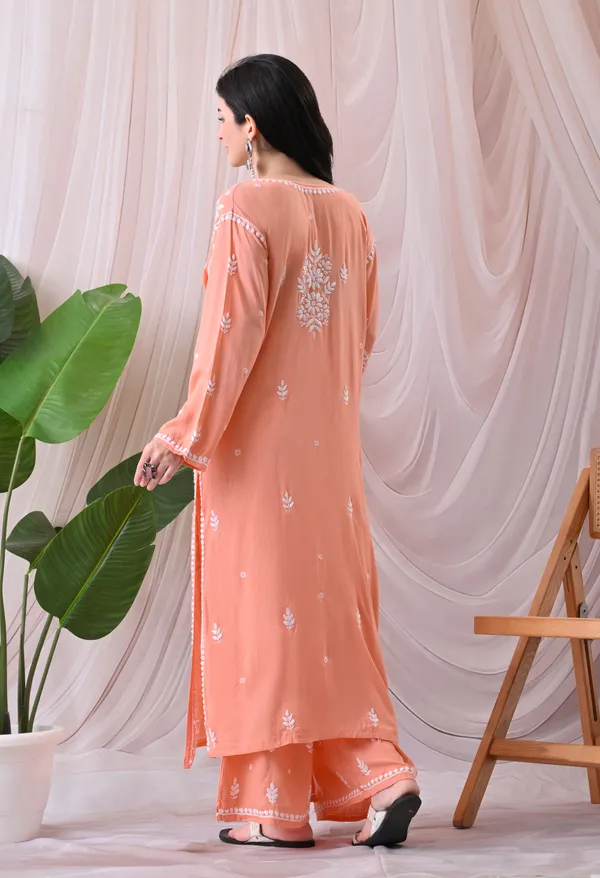 Syrish_Lucknowi_Chikankari_Rayon_Kurta_Palazzo_Set_with_Floral_Embroidery_Peach