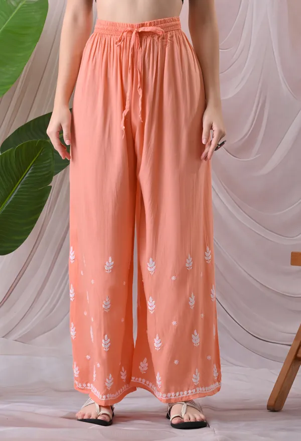 Syrish_Lucknowi_Chikankari_Rayon_Kurta_Palazzo_Set_with_Floral_Embroidery_Peach