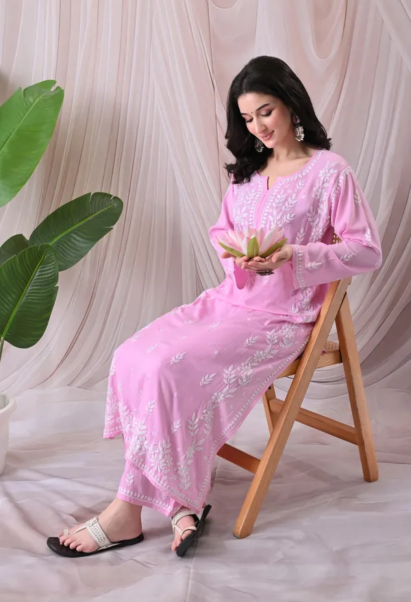 Syrish_Lucknowi_Chikankari_Rayon_Kurta_Palazzo_Set_with_Floral_Embroidery_Pink