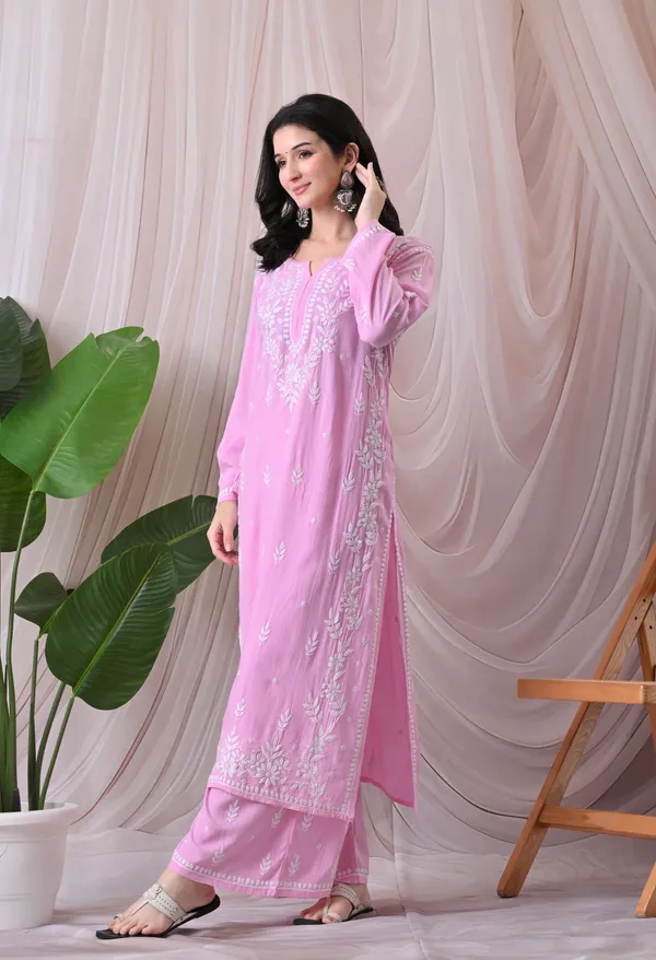 Syrish_Lucknowi_Chikankari_Rayon_Kurta_Palazzo_Set_with_Floral_Embroidery_Pink