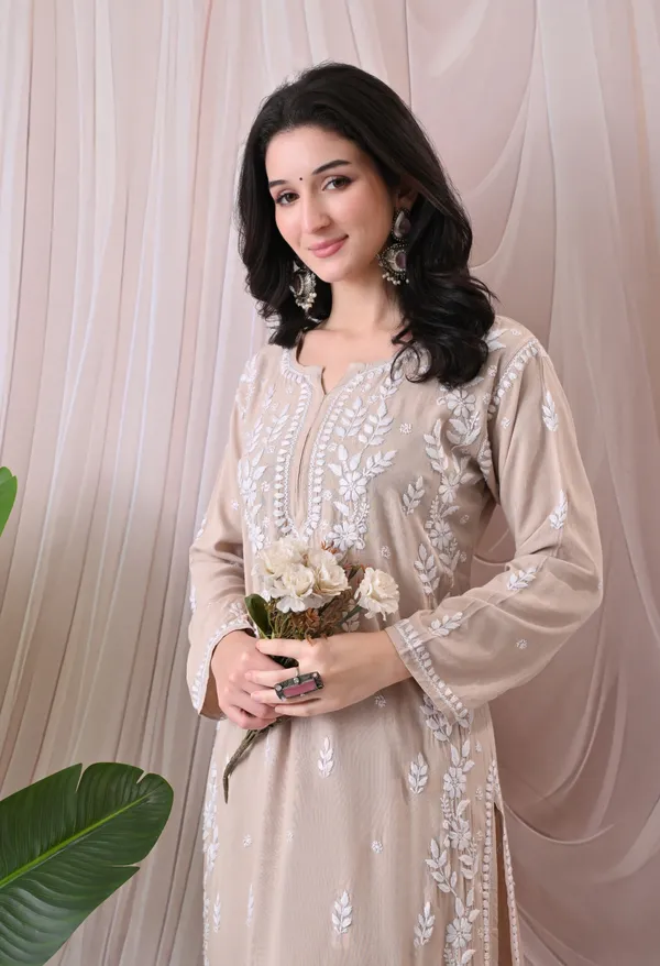 Syrish_Lucknowi_Chikankari_Rayon_Kurta_Palazzo_Set_with_Floral_Embroidery_Brown