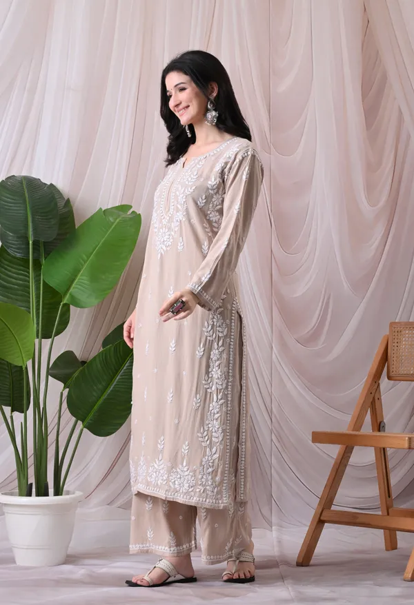 Syrish_Lucknowi_Chikankari_Rayon_Kurta_Palazzo_Set_with_Floral_Embroidery_Brown