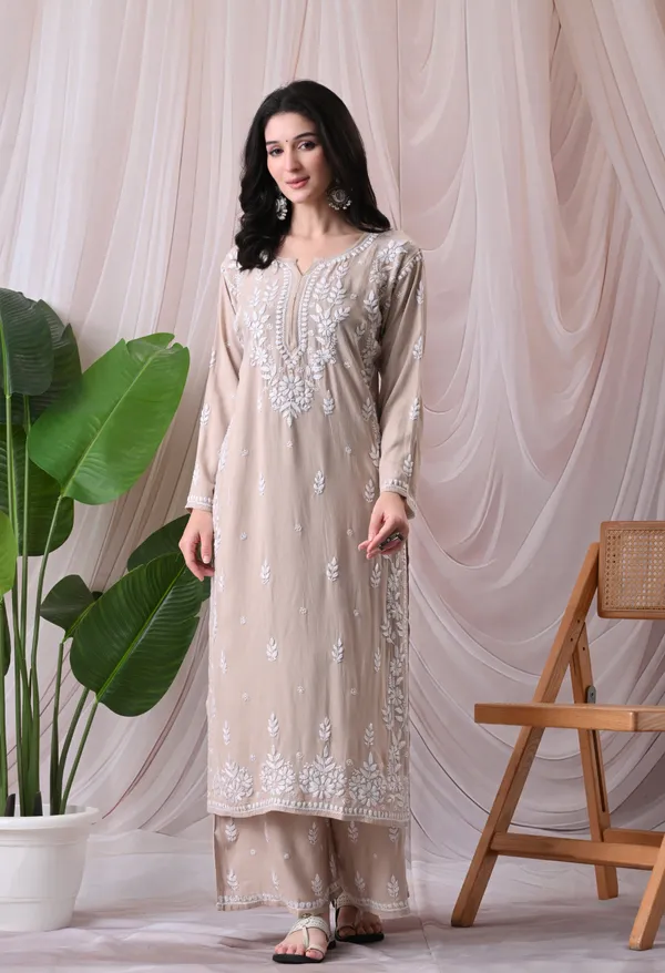 Syrish_Lucknowi_Chikankari_Rayon_Kurta_Palazzo_Set_with_Floral_Embroidery_Brown