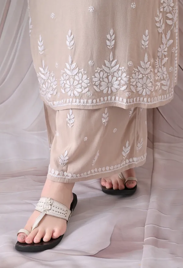 Syrish_Lucknowi_Chikankari_Rayon_Kurta_Palazzo_Set_with_Floral_Embroidery_Brown