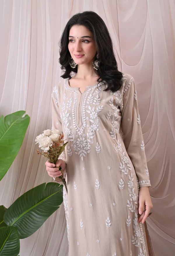 Syrish_Lucknowi_Chikankari_Rayon_Kurta_Palazzo_Set_with_Floral_Embroidery_Brown