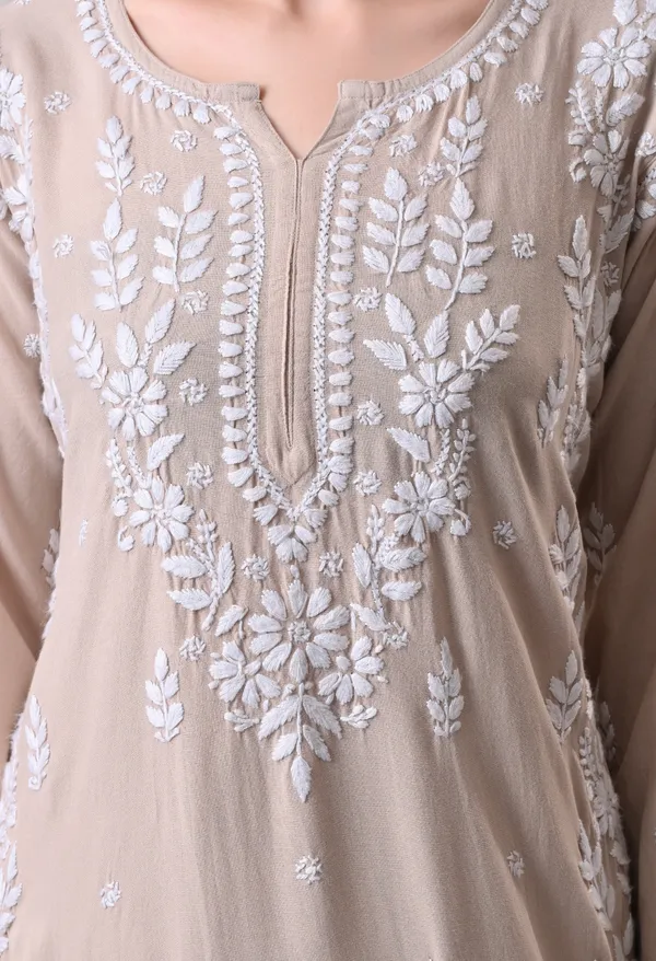 Syrish_Lucknowi_Chikankari_Rayon_Kurta_Palazzo_Set_with_Floral_Embroidery_Brown