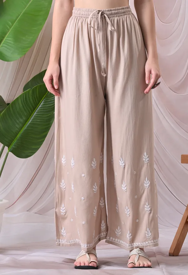 Syrish_Lucknowi_Chikankari_Rayon_Kurta_Palazzo_Set_with_Floral_Embroidery_Brown