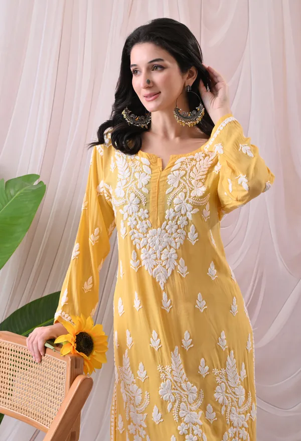 Syrish_Women's_Yellow_Hand_Embroidered_Lucknow_Chikankari_Modal_Kurta_Palazzo_Set