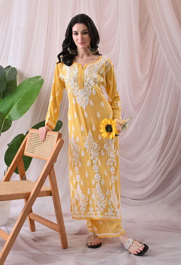 Syrish_Women's_Yellow_Hand_Embroidered_Lucknow_Chikankari_Modal_Kurta_Palazzo_Set