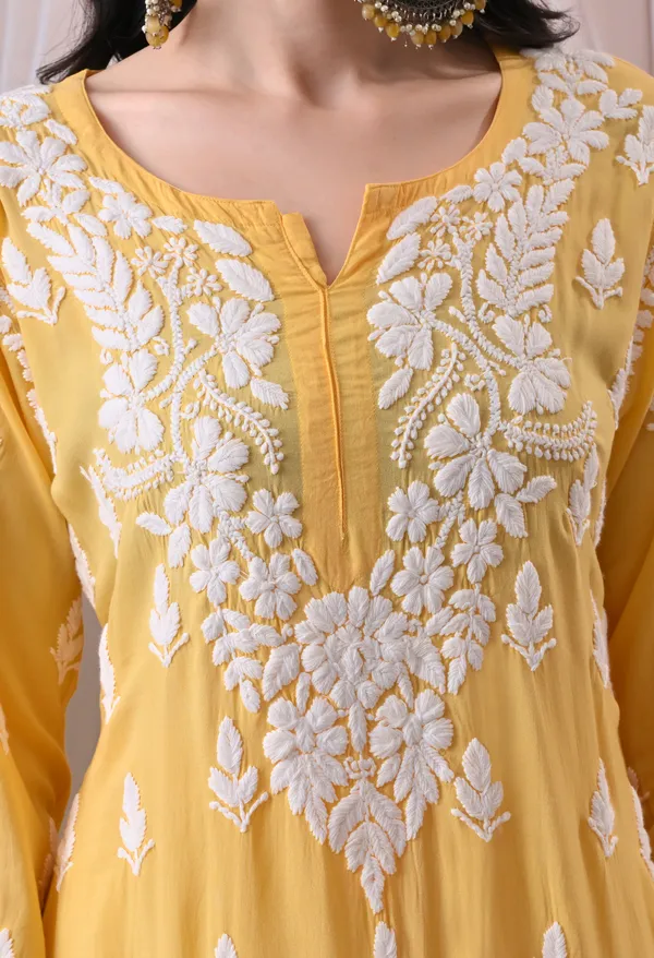Syrish_Women's_Yellow_Hand_Embroidered_Lucknow_Chikankari_Modal_Kurta_Palazzo_Set