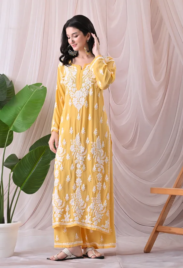 Syrish_Women's_Yellow_Hand_Embroidered_Lucknow_Chikankari_Modal_Kurta_Palazzo_Set