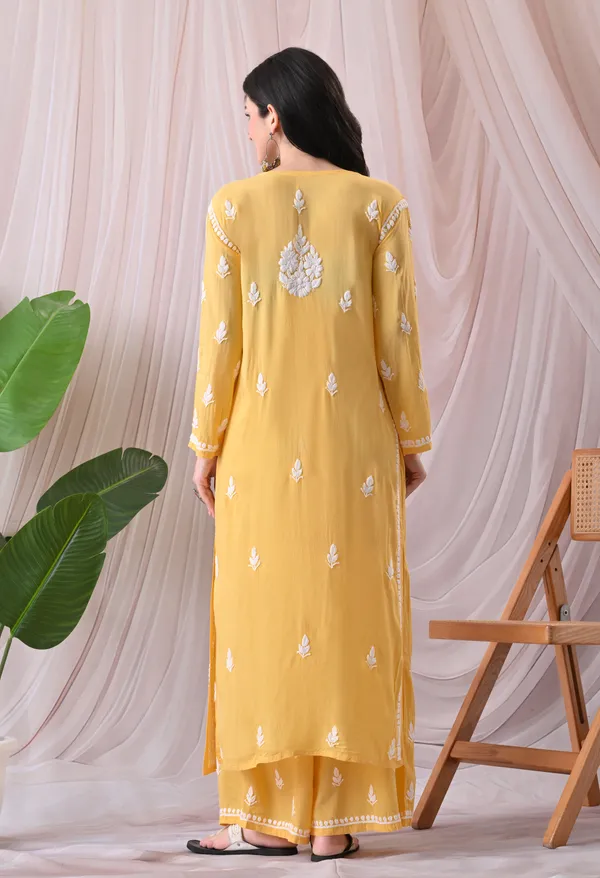 Syrish_Women's_Yellow_Hand_Embroidered_Lucknow_Chikankari_Modal_Kurta_Palazzo_Set