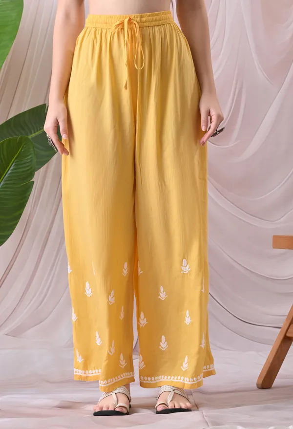 Syrish_Women's_Yellow_Hand_Embroidered_Lucknow_Chikankari_Modal_Kurta_Palazzo_Set