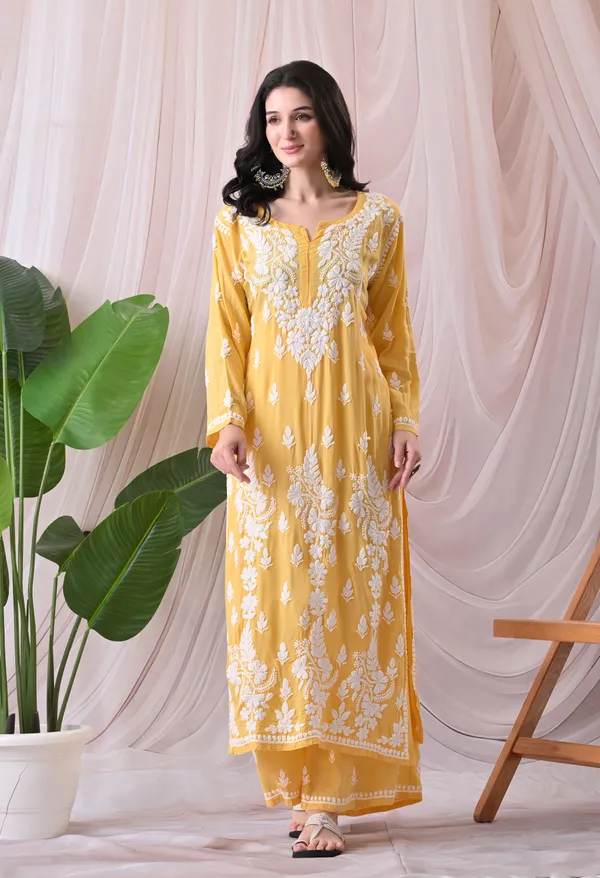 Syrish_Women's_Yellow_Hand_Embroidered_Lucknow_Chikankari_Modal_Kurta_Palazzo_Set