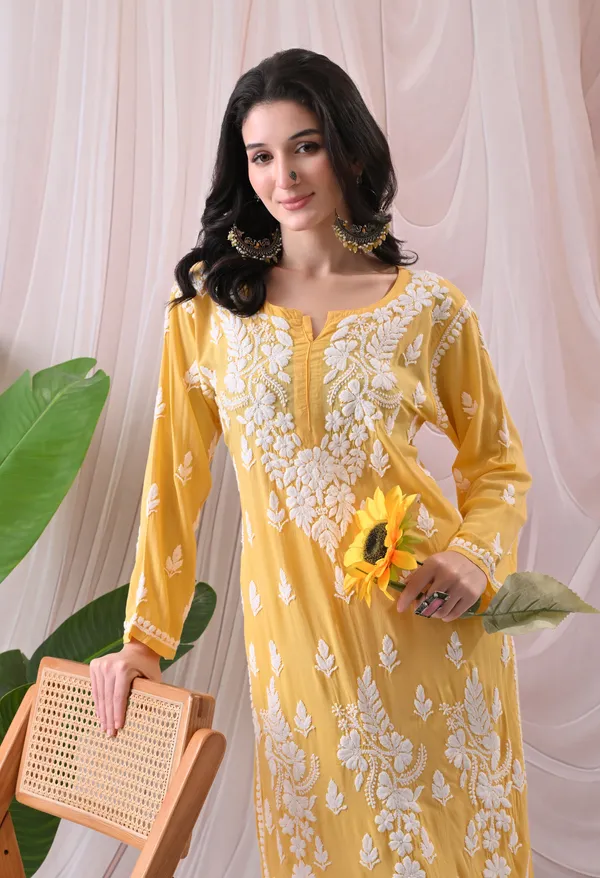 Syrish_Women's_Yellow_Hand_Embroidered_Lucknow_Chikankari_Modal_Kurta_Palazzo_Set