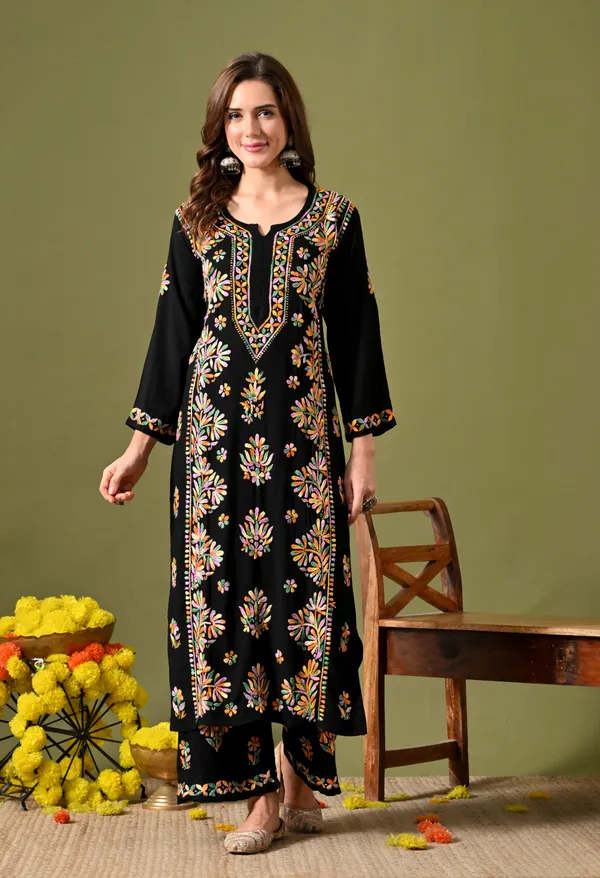 Syrish_Women's_Black_Multi-Color_Hand_Embroidered_Lucknow_Chikankari_Rayon_Kurta_Palazzo_Set