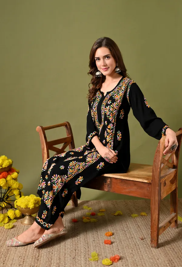 Syrish_Women's_Black_Multi-Color_Hand_Embroidered_Lucknow_Chikankari_Rayon_Kurta_Palazzo_Set
