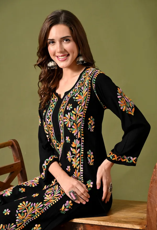 Syrish_Women's_Black_Multi-Color_Hand_Embroidered_Lucknow_Chikankari_Rayon_Kurta_Palazzo_Set