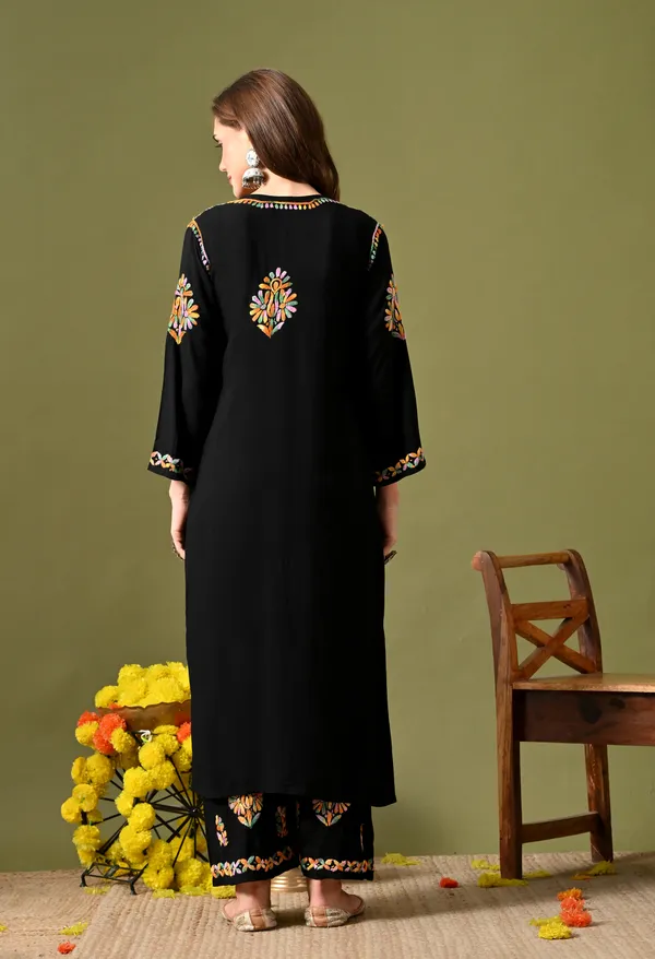 Syrish_Women's_Black_Multi-Color_Hand_Embroidered_Lucknow_Chikankari_Rayon_Kurta_Palazzo_Set