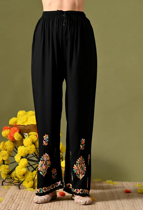 Syrish_Women's_Black_Multi-Color_Hand_Embroidered_Lucknow_Chikankari_Rayon_Kurta_Palazzo_Set