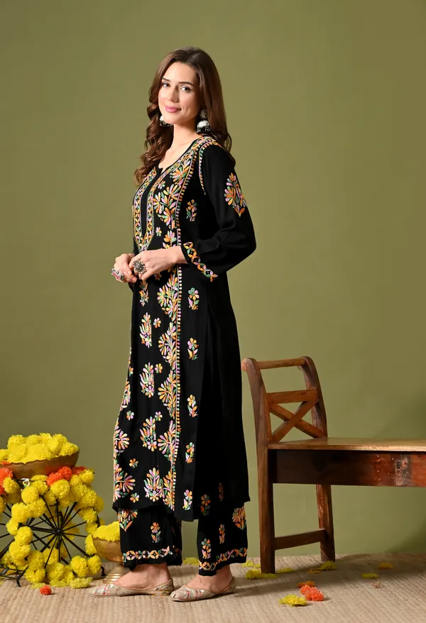 Syrish_Women's_Black_Multi-Color_Hand_Embroidered_Lucknow_Chikankari_Rayon_Kurta_Palazzo_Set