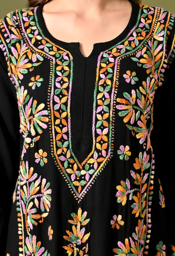 Syrish_Women's_Black_Multi-Color_Hand_Embroidered_Lucknow_Chikankari_Rayon_Kurta_Palazzo_Set
