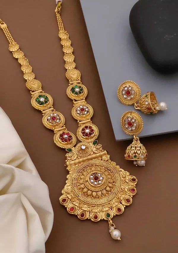 Gold_Brass_&_Copper_Long_Necklace_Set_For_Women