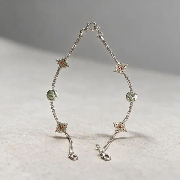 Silver-Tone_Diamond_Motif_Red_Green_Accent_Anklets_For_Women