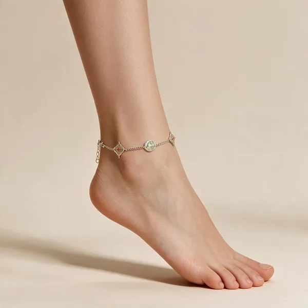 Silver-Tone_Diamond_Motif_Red_Green_Accent_Anklets_For_Women