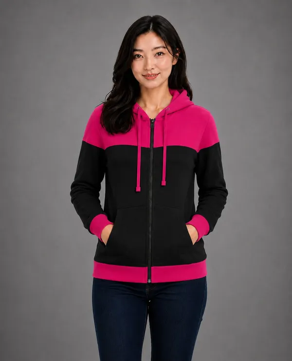 Pink_Black_Fleece_Colorblock_Zip-Up_Hoodie_Jacket_For_Women