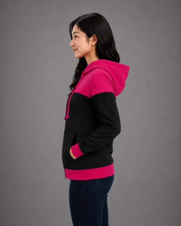 Pink_Black_Fleece_Colorblock_Zip-Up_Hoodie_Jacket_For_Women