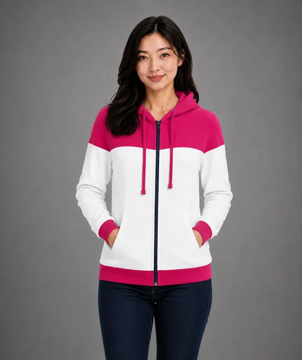 Pink_White_Fleece_Colorblock_Zip-Up_Hoodie_Jacket_For_Women