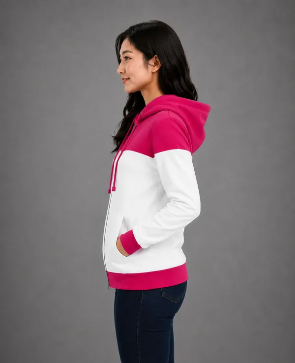 Pink_White_Fleece_Colorblock_Zip-Up_Hoodie_Jacket_For_Women