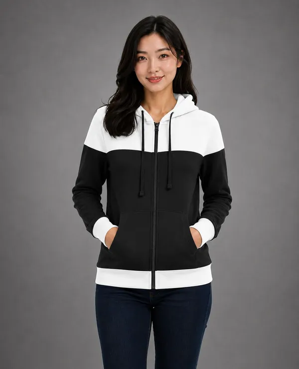 Black_White_Fleece_Colorblock_Zip-Up_Hoodie_Jacket_For_Women
