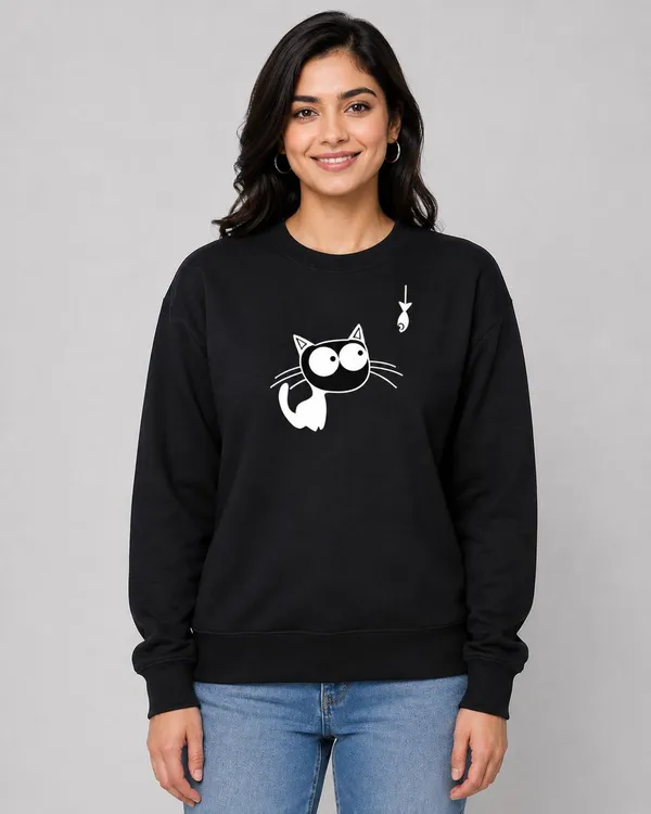 Black_Fleece_Crew_Neck_Cat_Graphic_Print_Sweatshirt_For_Women