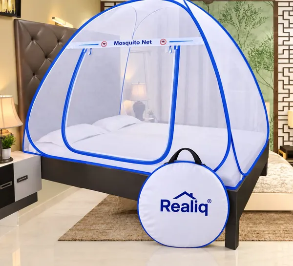 Mesh_Dome_Zippered_Bed_Mosquito_Net_White_Blue_Piping