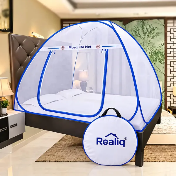 Mesh_Dome_Zippered_Bed_Mosquito_Net_White_Blue_Piping