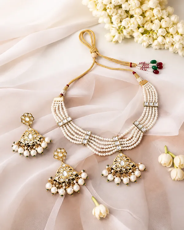 White_Pearl_Emerald_Gold-Tone_Choker_Necklace_For_Women