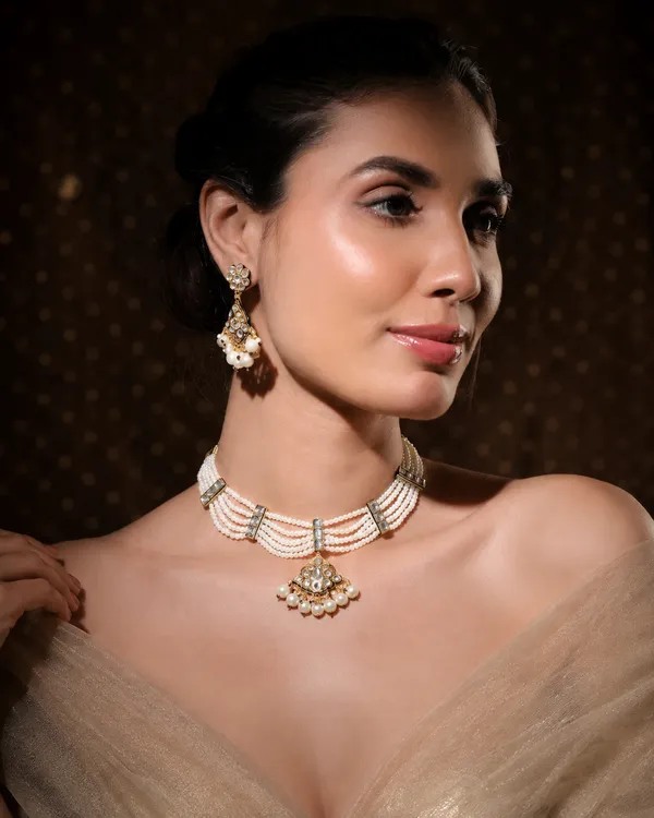 White_Pearl_Emerald_Gold-Tone_Choker_Necklace_For_Women