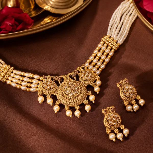 Gold_And_White_Antique_Kundan_Pearl_Layered_Necklace_Set_For_Women