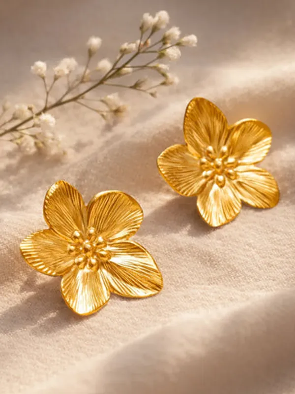 Gold_Tone_Five_Petal_Floral_Stud_Earrings_For_Women
