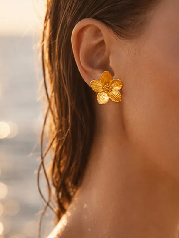 Gold_Tone_Five_Petal_Floral_Stud_Earrings_For_Women