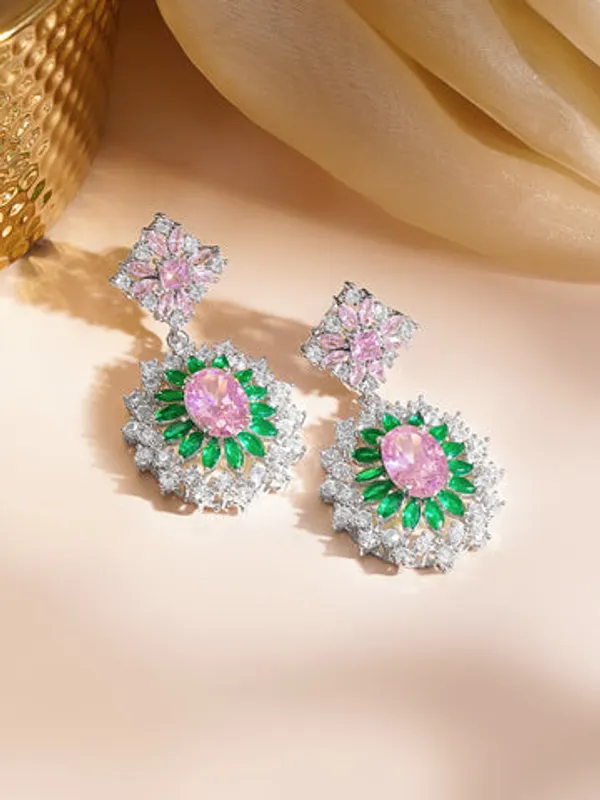 Pink_Green_Crystal_Floral_Drop_Earrings_For_Women